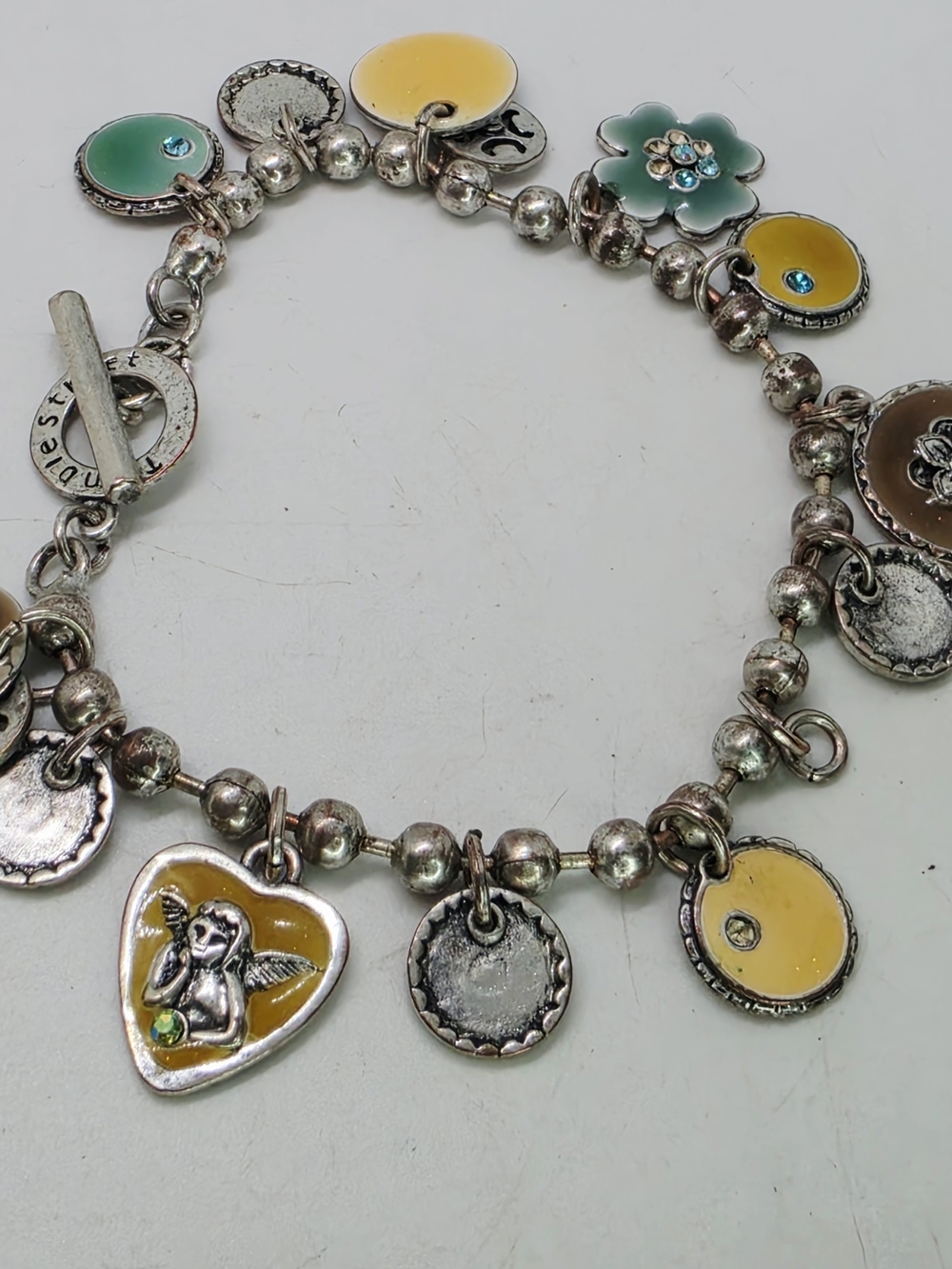 Vtg Y2K Temple Street Charm Bracelet Enamel Angel Cherub Flower Whimsigoth Silve